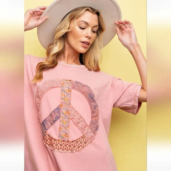 Easel Peace Patch Washed Cotton Jersey T-Shirt Tunic Dress Pink New - Picture 6 of 6